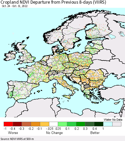 Europe Cropland NDVI Departure from Previous 8-days (VIIRS) Thematic Map For 10/24/2022 - 10/31/2022