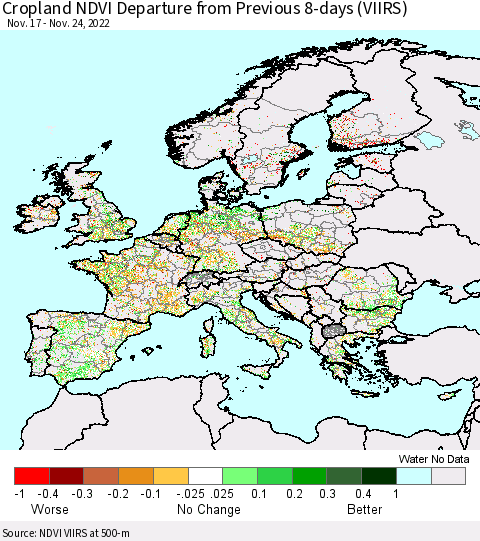 Europe Cropland NDVI Departure from Previous 8-days (VIIRS) Thematic Map For 11/17/2022 - 11/24/2022