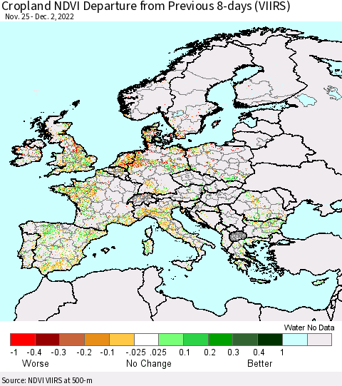 Europe Cropland NDVI Departure from Previous 8-days (VIIRS) Thematic Map For 11/25/2022 - 12/2/2022