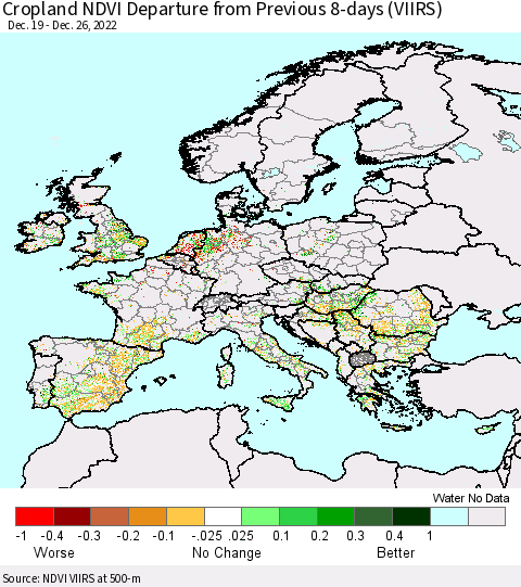 Europe Cropland NDVI Departure from Previous 8-days (VIIRS) Thematic Map For 12/19/2022 - 12/26/2022