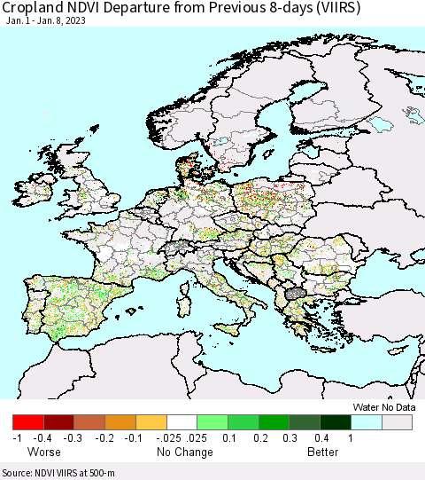 Europe Cropland NDVI Departure from Previous 8-days (VIIRS) Thematic Map For 1/1/2023 - 1/8/2023