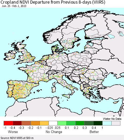 Europe Cropland NDVI Departure from Previous 8-days (VIIRS) Thematic Map For 1/25/2023 - 2/1/2023