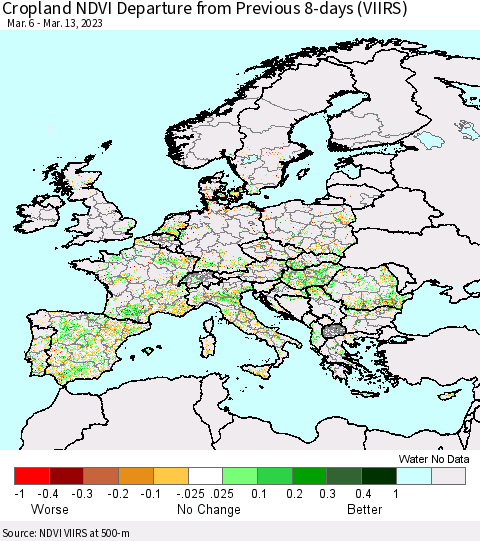 Europe Cropland NDVI Departure from Previous 8-days (VIIRS) Thematic Map For 3/6/2023 - 3/13/2023