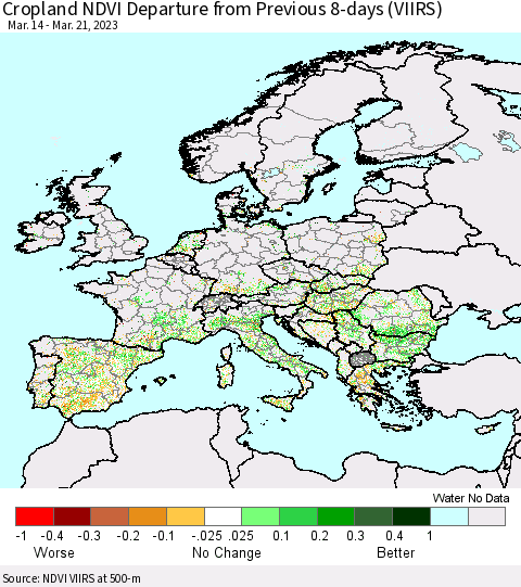 Europe Cropland NDVI Departure from Previous 8-days (VIIRS) Thematic Map For 3/14/2023 - 3/21/2023