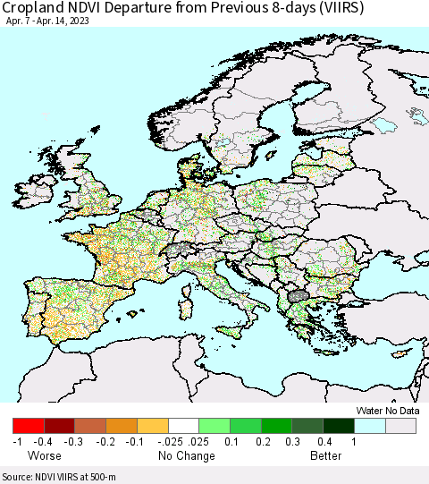 Europe Cropland NDVI Departure from Previous 8-days (VIIRS) Thematic Map For 4/7/2023 - 4/14/2023