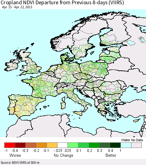 Europe Cropland NDVI Departure from Previous 8-days (VIIRS) Thematic Map For 4/15/2023 - 4/22/2023