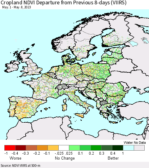 Europe Cropland NDVI Departure from Previous 8-days (VIIRS) Thematic Map For 5/1/2023 - 5/8/2023