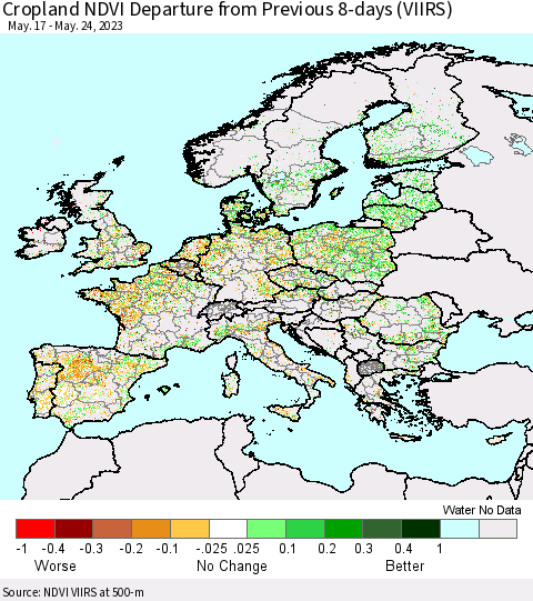 Europe Cropland NDVI Departure from Previous 8-days (VIIRS) Thematic Map For 5/17/2023 - 5/24/2023