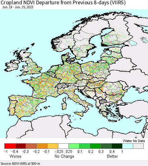 Europe Cropland NDVI Departure from Previous 8-days (VIIRS) Thematic Map For 6/18/2023 - 6/25/2023