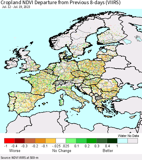 Europe Cropland NDVI Departure from Previous 8-days (VIIRS) Thematic Map For 7/12/2023 - 7/19/2023