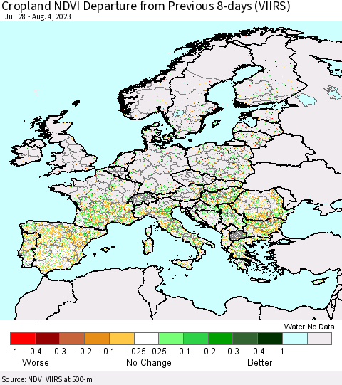 Europe Cropland NDVI Departure from Previous 8-days (VIIRS) Thematic Map For 7/28/2023 - 8/4/2023