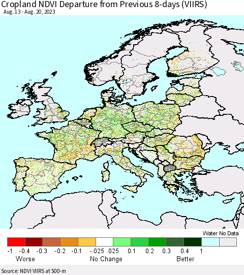 Europe Cropland NDVI Departure from Previous 8-days (VIIRS) Thematic Map For 8/13/2023 - 8/20/2023