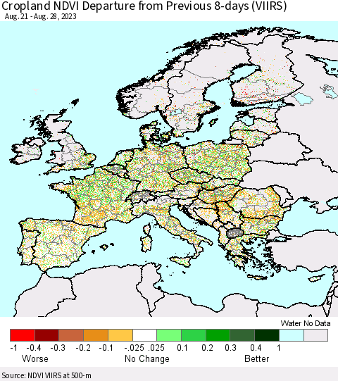 Europe Cropland NDVI Departure from Previous 8-days (VIIRS) Thematic Map For 8/21/2023 - 8/28/2023