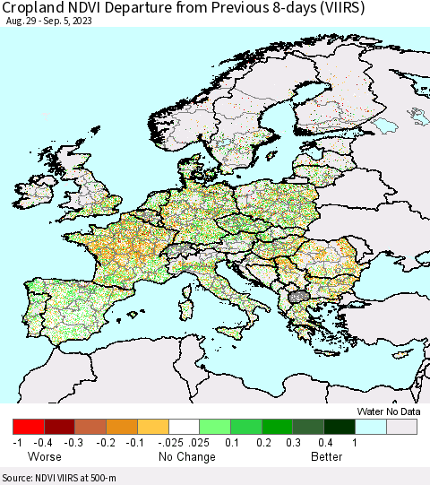 Europe Cropland NDVI Departure from Previous 8-days (VIIRS) Thematic Map For 8/29/2023 - 9/5/2023