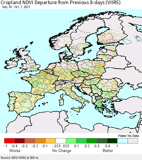 Europe Cropland NDVI Departure from Previous 8-days (VIIRS) Thematic Map For 9/30/2023 - 10/7/2023