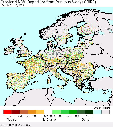 Europe Cropland NDVI Departure from Previous 8-days (VIIRS) Thematic Map For 10/8/2023 - 10/15/2023