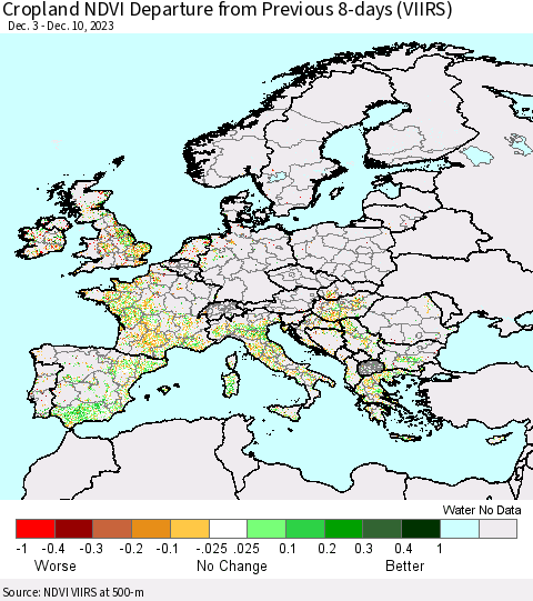 Europe Cropland NDVI Departure from Previous 8-days (VIIRS) Thematic Map For 12/3/2023 - 12/10/2023