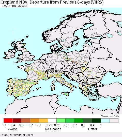 Europe Cropland NDVI Departure from Previous 8-days (VIIRS) Thematic Map For 12/19/2023 - 12/26/2023