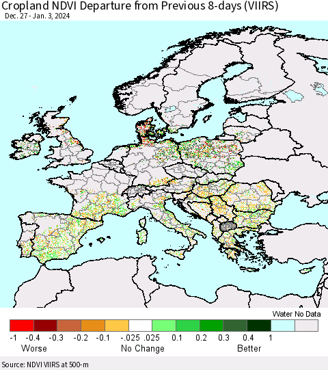 Europe Cropland NDVI Departure from Previous 8-days (VIIRS) Thematic Map For 12/27/2023 - 1/3/2024