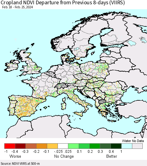 Europe Cropland NDVI Departure from Previous 8-days (VIIRS) Thematic Map For 2/18/2024 - 2/25/2024