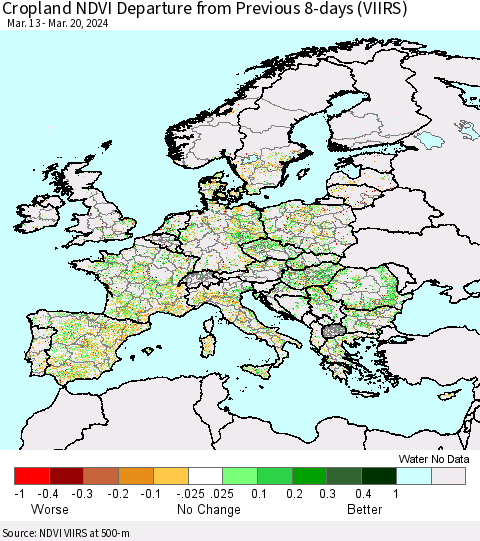 Europe Cropland NDVI Departure from Previous 8-days (VIIRS) Thematic Map For 3/13/2024 - 3/20/2024