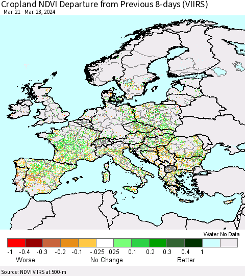 Europe Cropland NDVI Departure from Previous 8-days (VIIRS) Thematic Map For 3/21/2024 - 3/28/2024