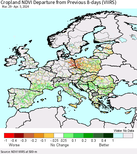 Europe Cropland NDVI Departure from Previous 8-days (VIIRS) Thematic Map For 3/29/2024 - 4/5/2024