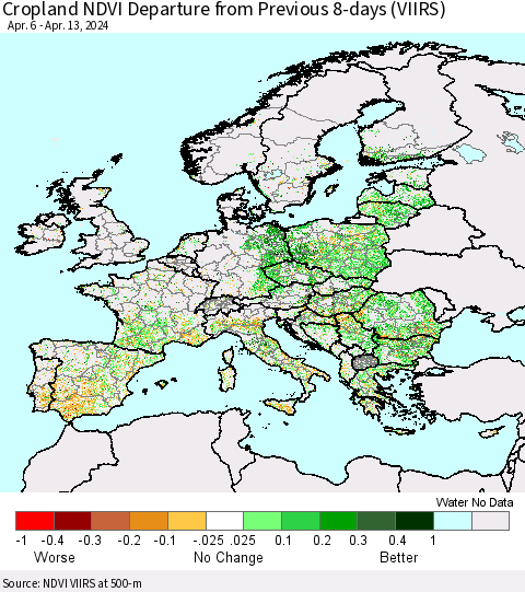 Europe Cropland NDVI Departure from Previous 8-days (VIIRS) Thematic Map For 4/6/2024 - 4/13/2024