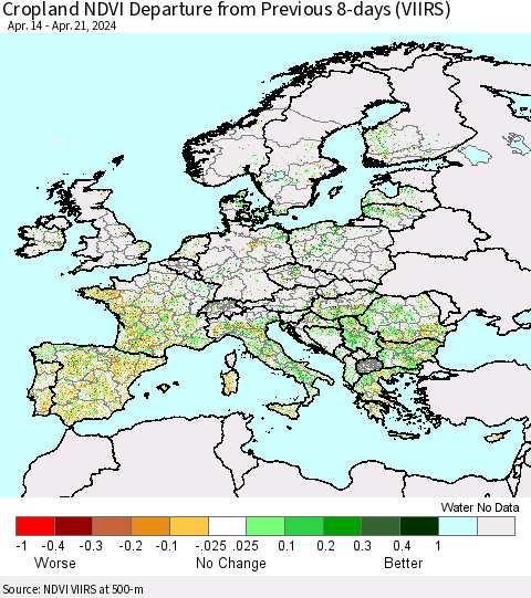 Europe Cropland NDVI Departure from Previous 8-days (VIIRS) Thematic Map For 4/14/2024 - 4/21/2024