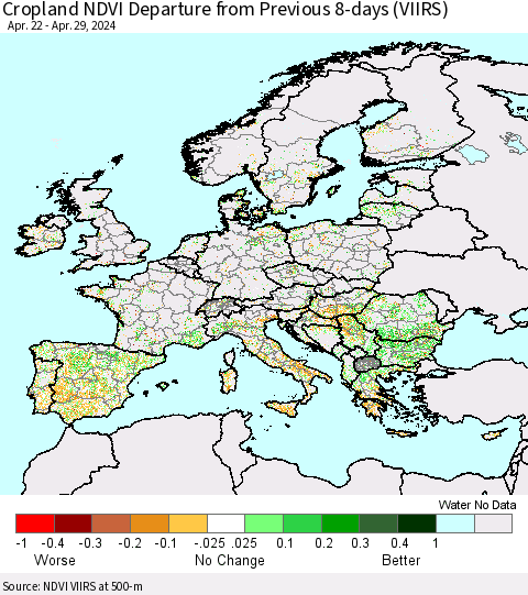 Europe Cropland NDVI Departure from Previous 8-days (VIIRS) Thematic Map For 4/22/2024 - 4/29/2024