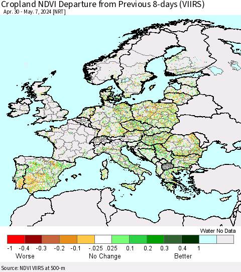 Europe Cropland NDVI Departure from Previous 8-days (VIIRS) Thematic Map For 4/30/2024 - 5/7/2024