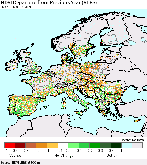 Europe NDVI Departure from Previous Year (VIIRS) Thematic Map For 3/6/2021 - 3/13/2021