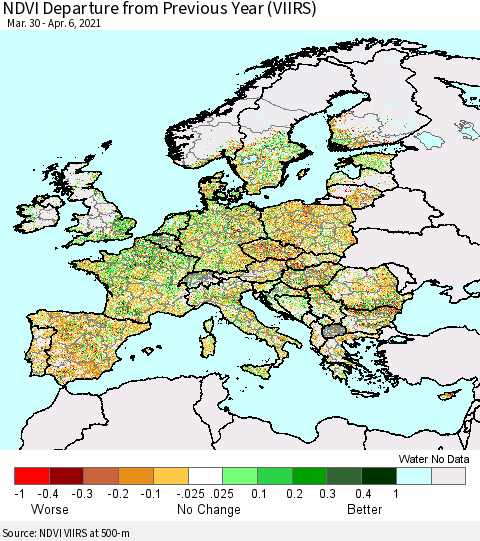Europe NDVI Departure from Previous Year (VIIRS) Thematic Map For 3/30/2021 - 4/6/2021
