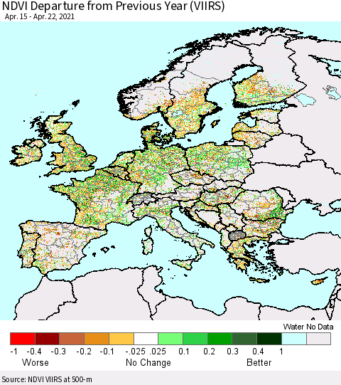 Europe NDVI Departure from Previous Year (VIIRS) Thematic Map For 4/15/2021 - 4/22/2021