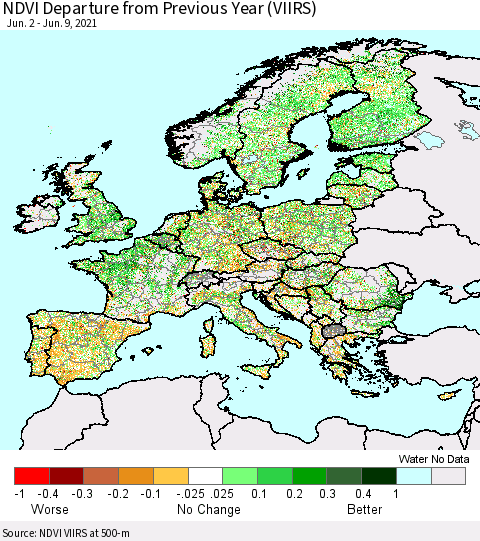Europe NDVI Departure from Previous Year (VIIRS) Thematic Map For 6/2/2021 - 6/9/2021