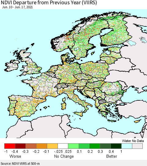 Europe NDVI Departure from Previous Year (VIIRS) Thematic Map For 6/10/2021 - 6/17/2021