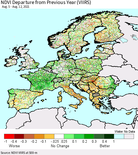 Europe NDVI Departure from Previous Year (VIIRS) Thematic Map For 8/5/2021 - 8/12/2021