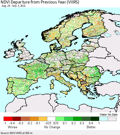 Europe NDVI Departure from Previous Year (VIIRS) Thematic Map For 8/29/2021 - 9/5/2021