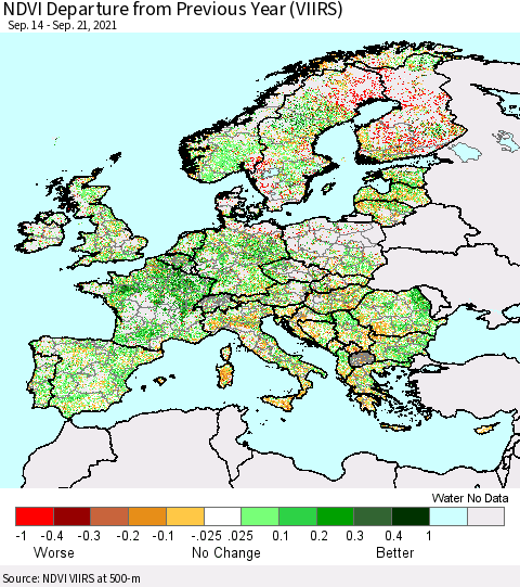 Europe NDVI Departure from Previous Year (VIIRS) Thematic Map For 9/14/2021 - 9/21/2021