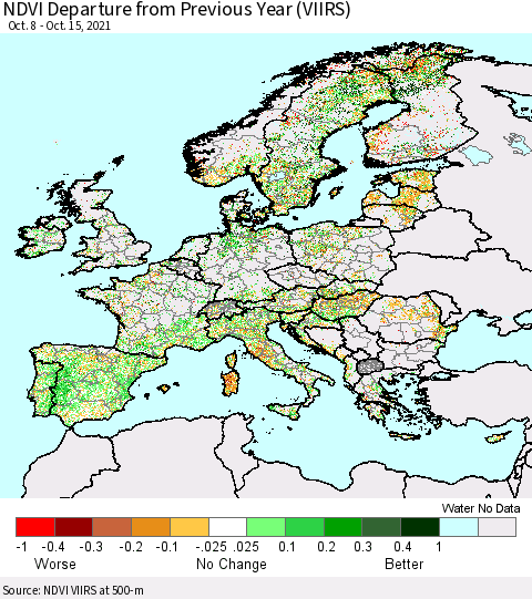 Europe NDVI Departure from Previous Year (VIIRS) Thematic Map For 10/8/2021 - 10/15/2021