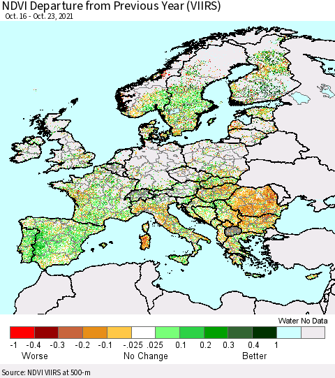 Europe NDVI Departure from Previous Year (VIIRS) Thematic Map For 10/16/2021 - 10/23/2021
