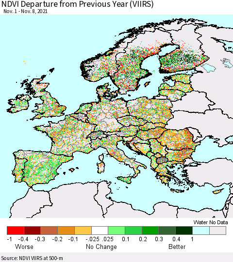 Europe NDVI Departure from Previous Year (VIIRS) Thematic Map For 11/1/2021 - 11/8/2021