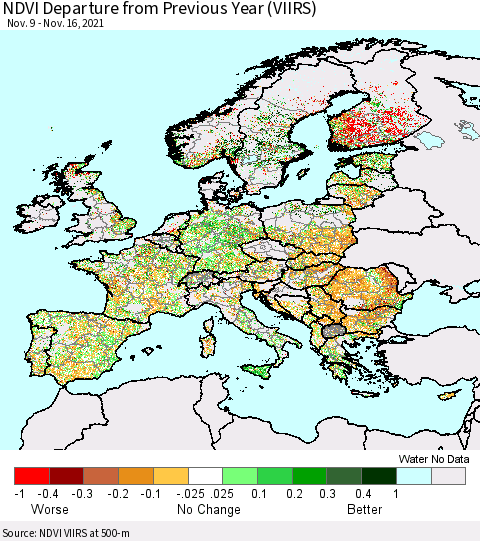 Europe NDVI Departure from Previous Year (VIIRS) Thematic Map For 11/9/2021 - 11/16/2021