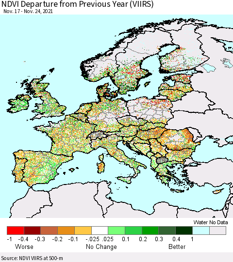 Europe NDVI Departure from Previous Year (VIIRS) Thematic Map For 11/17/2021 - 11/24/2021