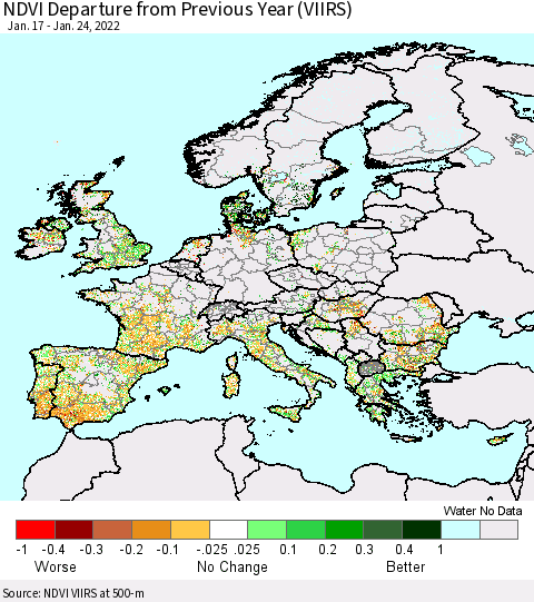 Europe NDVI Departure from Previous Year (VIIRS) Thematic Map For 1/17/2022 - 1/24/2022