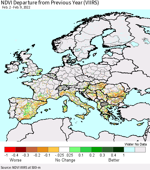 Europe NDVI Departure from Previous Year (VIIRS) Thematic Map For 2/2/2022 - 2/9/2022