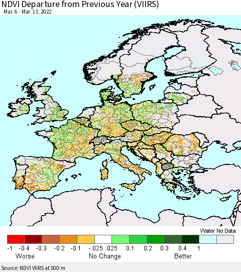 Europe NDVI Departure from Previous Year (VIIRS) Thematic Map For 3/6/2022 - 3/13/2022