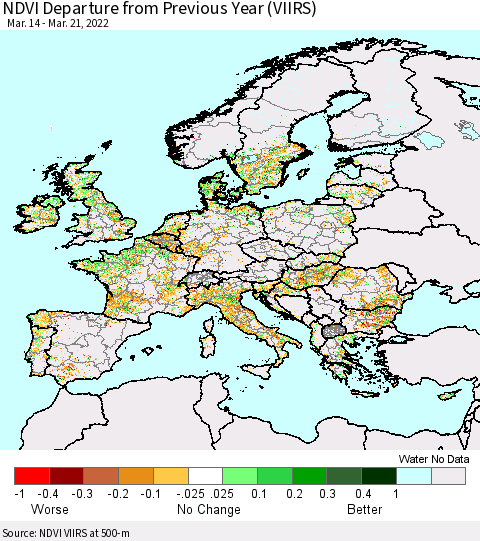 Europe NDVI Departure from Previous Year (VIIRS) Thematic Map For 3/14/2022 - 3/21/2022