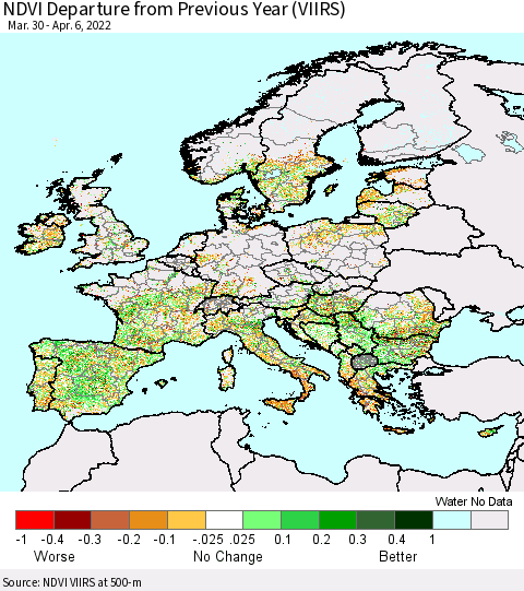 Europe NDVI Departure from Previous Year (VIIRS) Thematic Map For 3/30/2022 - 4/6/2022
