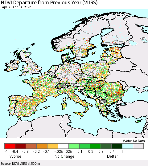 Europe NDVI Departure from Previous Year (VIIRS) Thematic Map For 4/7/2022 - 4/14/2022